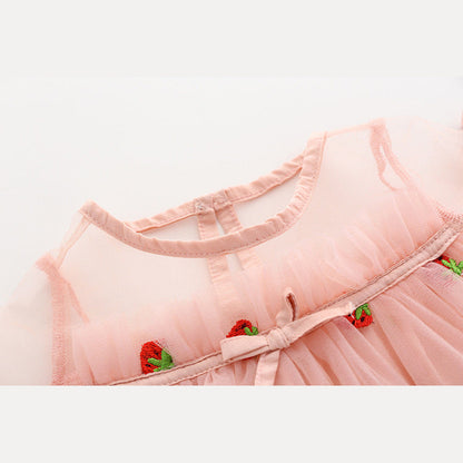 MyKids-USA® Baby Girl Strawberries Embroidered Mesh Overlay Design Bow Tie Patched Hundred Dress