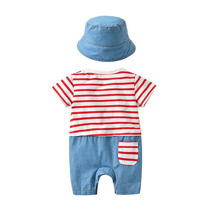 MyKids-USA® Baby Striped Graphic Cartoon Bear Patched Bow Tie False OnePieces Strap Jumpsuit