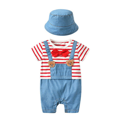 MyKids-USA® Baby Striped Graphic Cartoon Bear Patched Bow Tie False OnePieces Strap Jumpsuit