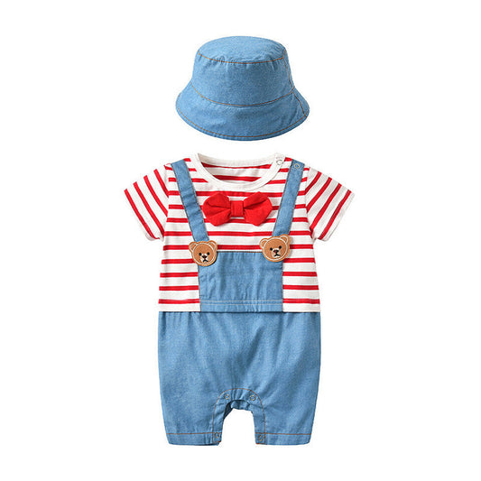 Baby Striped Graphic Cartoon Bear Patched Bow Tie False OnePieces Strap Jumpsuit