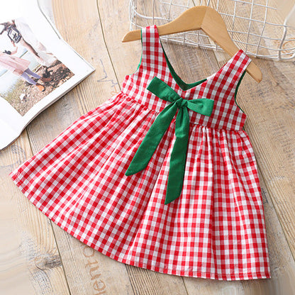 MyKids-USA® Baby Girl Plaid Pattern Bow Tie Decoration Sleeveless Dress