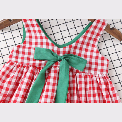 MyKids-USA® Baby Girl Plaid Pattern Bow Tie Decoration Sleeveless Dress