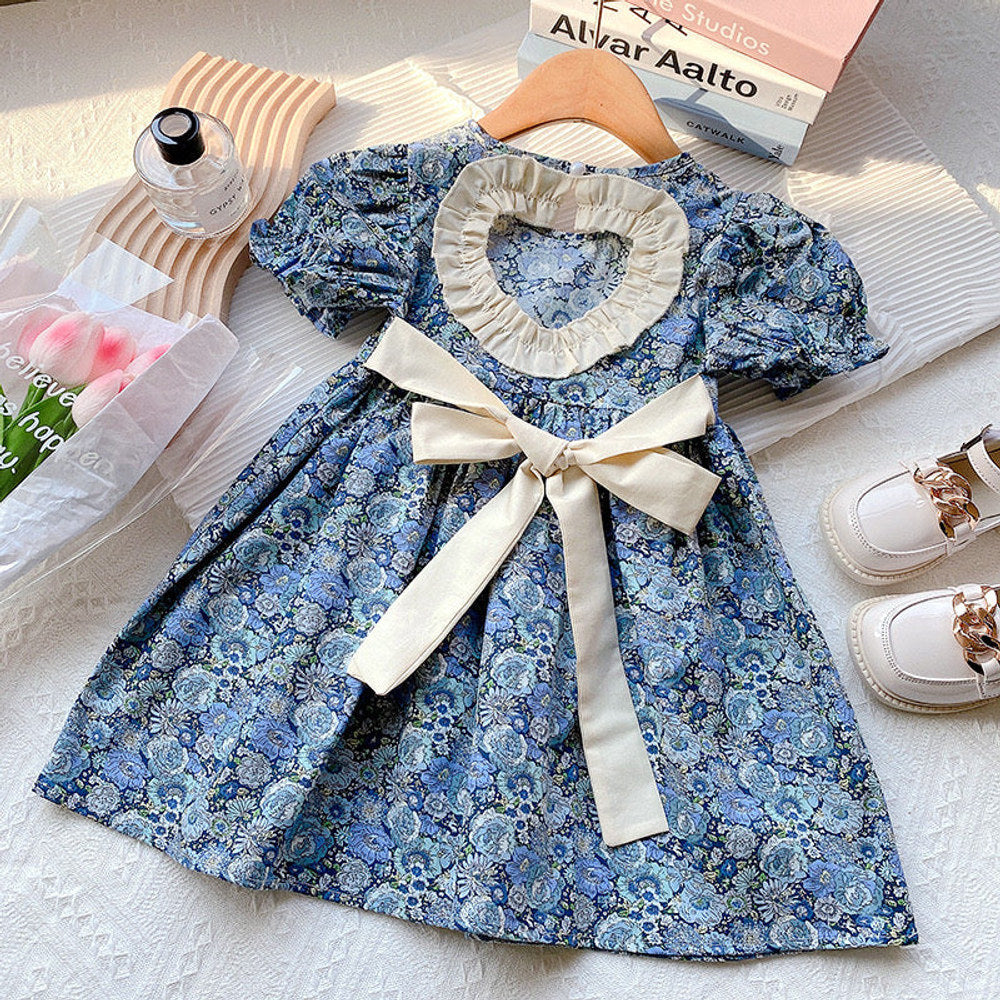 MyKids-USA® Baby Girl Floral Embroidered Pattern Lace Patchwork Design Backless Puff-Sleeved Dress