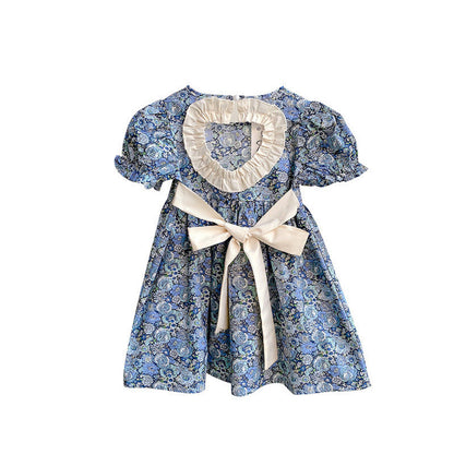 MyKids-USA® Baby Girl Floral Embroidered Pattern Lace Patchwork Design Backless Puff-Sleeved Dress
