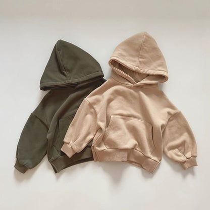 MyKids-USA® Baby Solid Color Long Sleeves Fleece Thermal Hoodies In Outfit Wearing