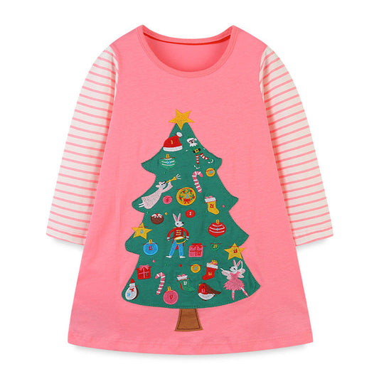 MyKids-USA® Baby Girl Cartoon Christmas Tree Pattern Striped Sleeve Design Princess Dress