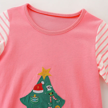 MyKids-USA® Baby Girl Cartoon Christmas Tree Pattern Striped Sleeve Design Princess Dress