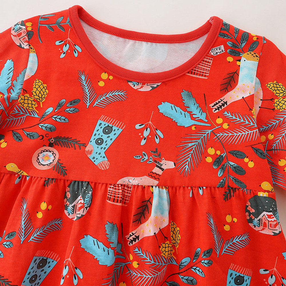 MyKids-USA® Baby Girl Floral Graphic Long Sleeve A-Line Design Loose Christmas Dress