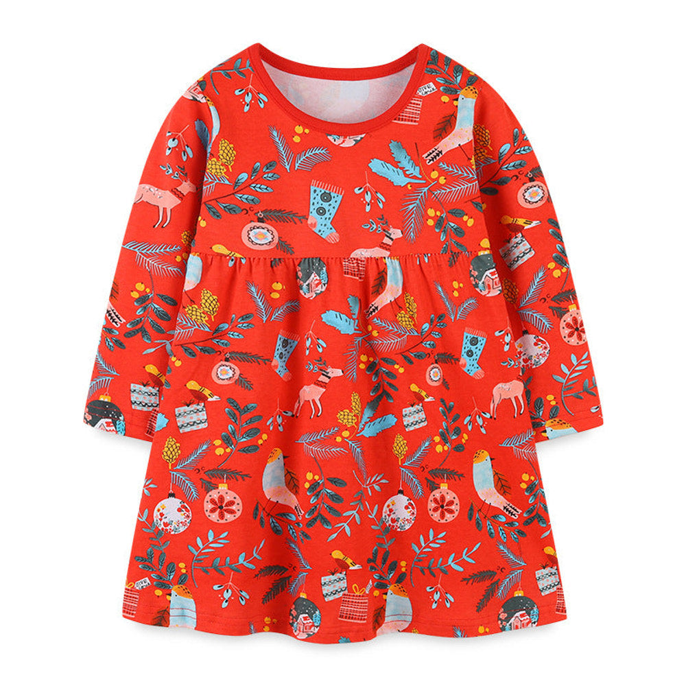 MyKids-USA® Baby Girl Floral Graphic Long Sleeve A-Line Design Loose Christmas Dress