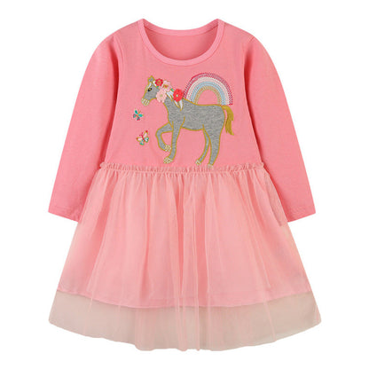 MyKids-USA® Baby Girl Cartoon Embroidered Pattern Mesh Overlay Design Solid Dress