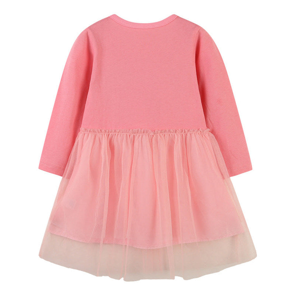 MyKids-USA® Baby Girl Cartoon Embroidered Pattern Mesh Overlay Design Solid Dress