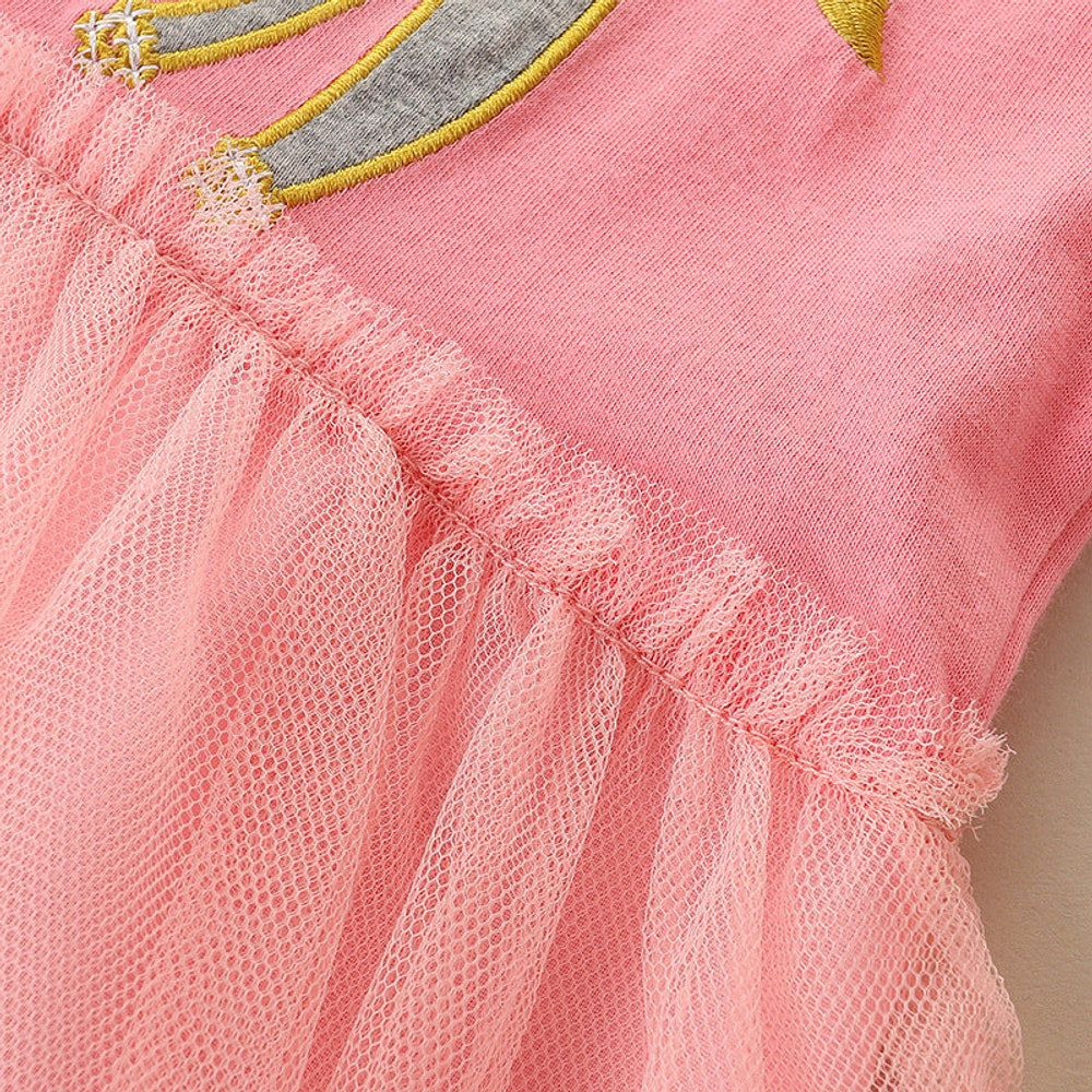 MyKids-USA® Baby Girl Cartoon Embroidered Pattern Mesh Overlay Design Solid Dress