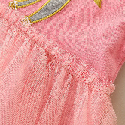 MyKids-USA® Baby Girl Cartoon Embroidered Pattern Mesh Overlay Design Solid Dress