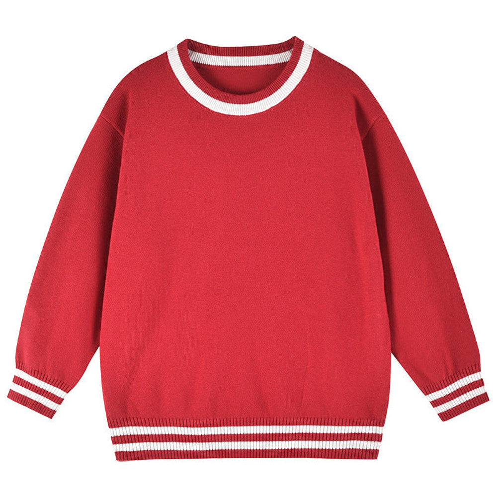 MyKids-USA® Baby Solid Color Striped Hem Design O-Neck Knit Sweater