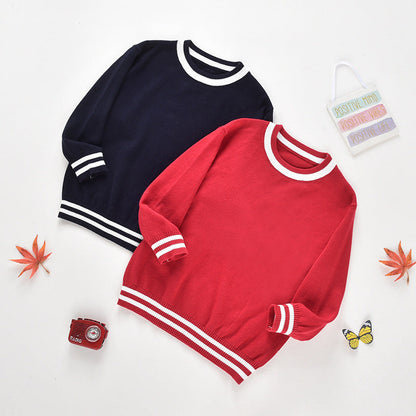 MyKids-USA® Baby Solid Color Striped Hem Design O-Neck Knit Sweater