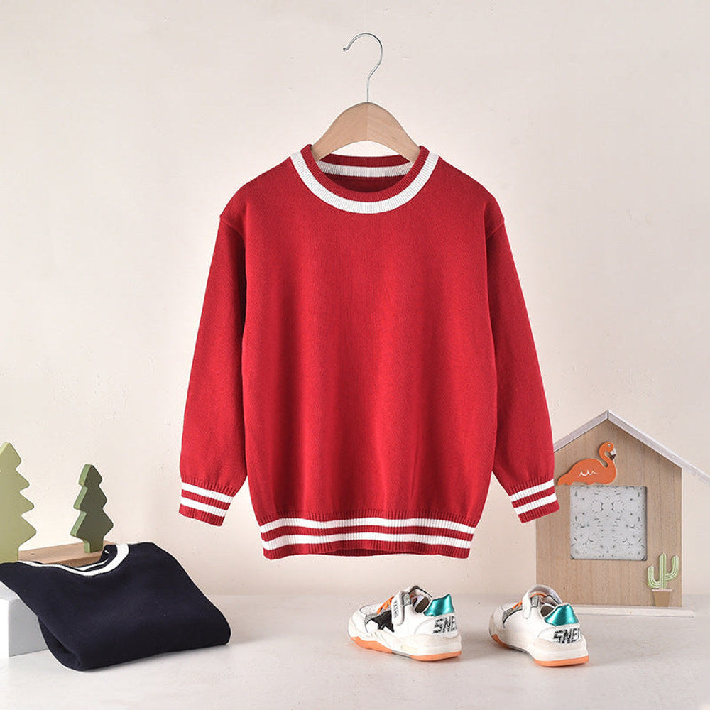 MyKids-USA® Baby Solid Color Striped Hem Design O-Neck Knit Sweater
