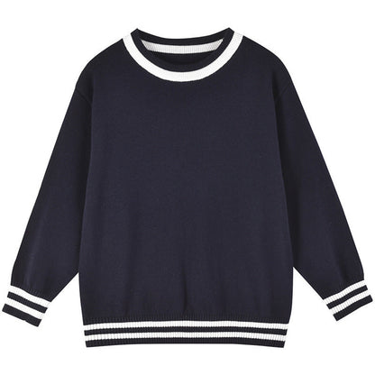 MyKids-USA® Baby Solid Color Striped Hem Design O-Neck Knit Sweater