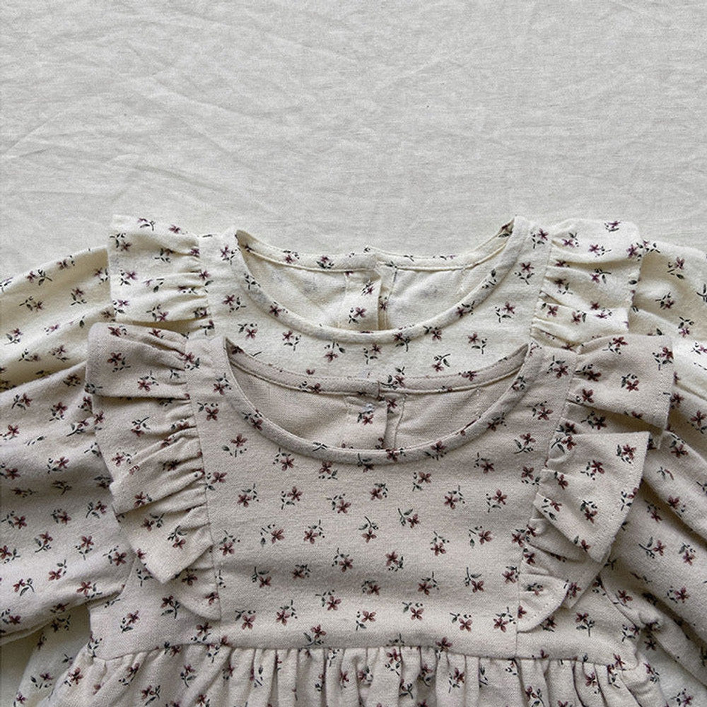 MyKids-USA® Baby Girl Ditsy Flower Graphic Ruffle Design Long Sleeve Bodysuit Dress