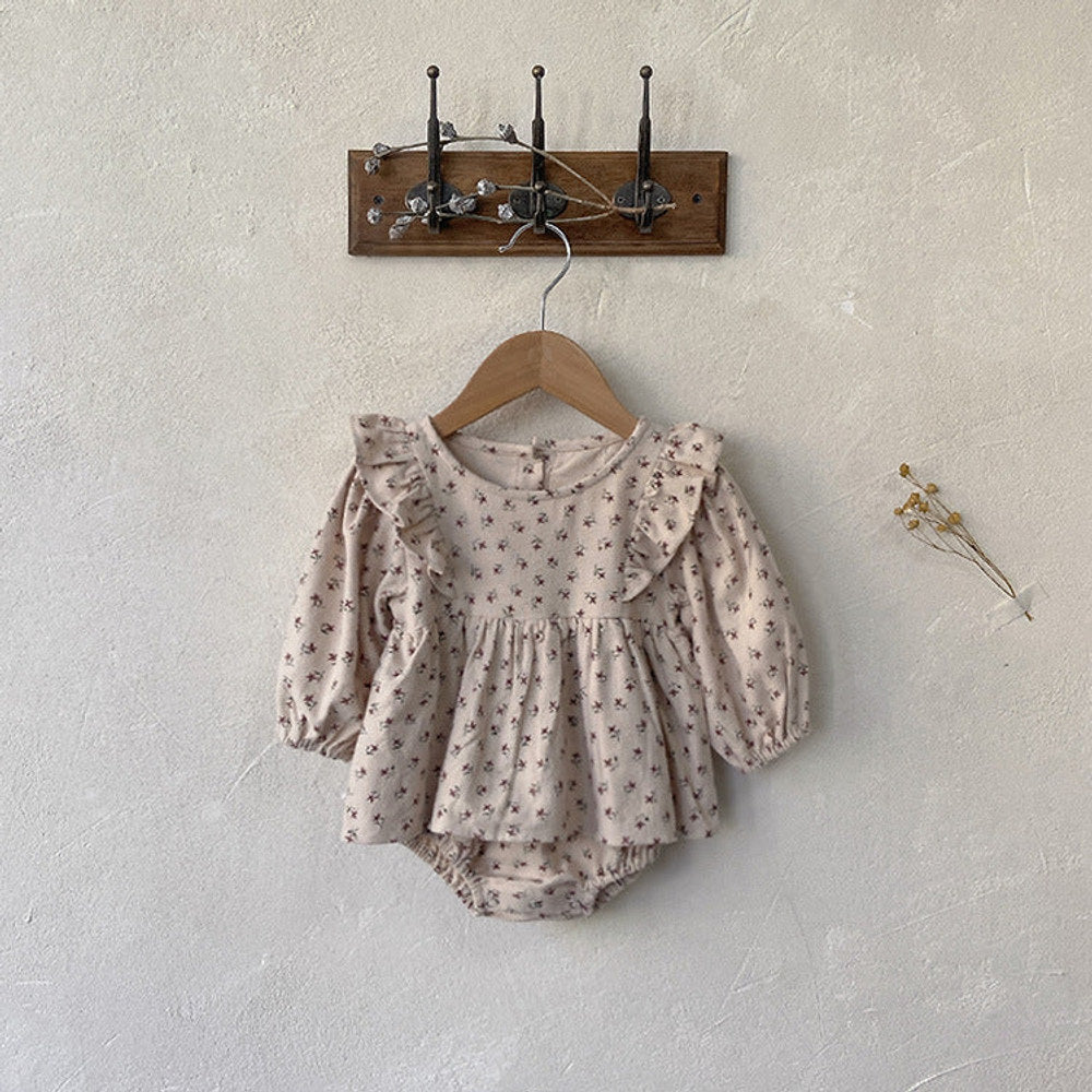 MyKids-USA® Baby Girl Ditsy Flower Graphic Ruffle Design Long Sleeve Bodysuit Dress