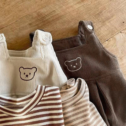 MyKids-USA® Baby Striped Shirt Combo Corduroy Fabric Cartoon Bear Embroidered Vest Bodysuit Sets