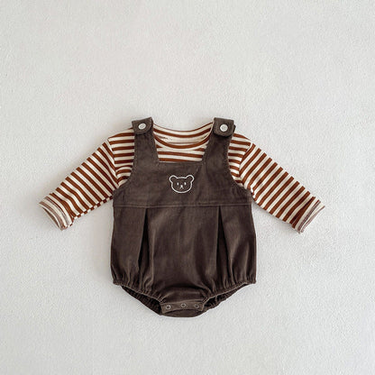 MyKids-USA® Baby Striped Shirt Combo Corduroy Fabric Cartoon Bear Embroidered Vest Bodysuit Sets