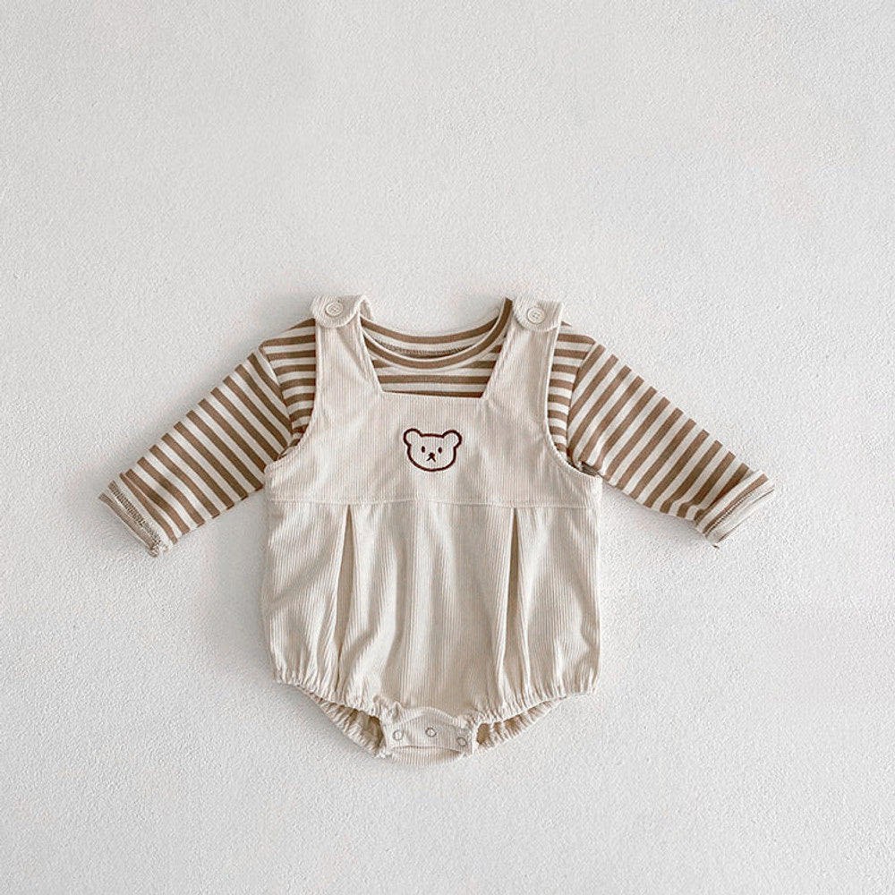 MyKids-USA® Baby Striped Shirt Combo Corduroy Fabric Cartoon Bear Embroidered Vest Bodysuit Sets