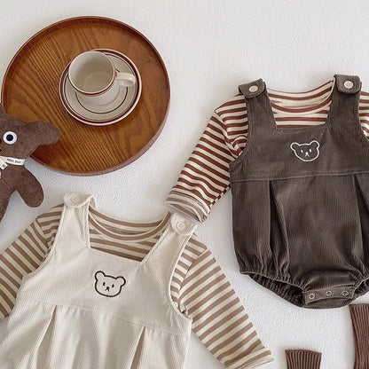 MyKids-USA® Baby Striped Shirt Combo Corduroy Fabric Cartoon Bear Embroidered Vest Bodysuit Sets