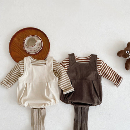 MyKids-USA® Baby Striped Shirt Combo Corduroy Fabric Cartoon Bear Embroidered Vest Bodysuit Sets