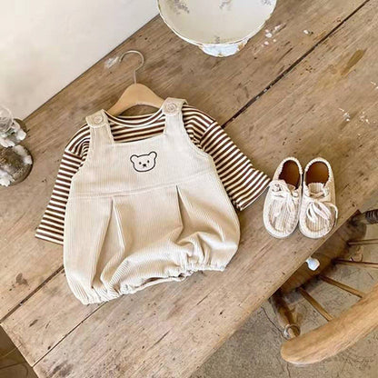 MyKids-USA® Baby Striped Shirt Combo Corduroy Fabric Cartoon Bear Embroidered Vest Bodysuit Sets