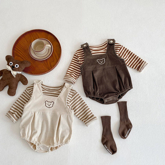 Baby Striped Shirt Combo Corduroy Fabric Cartoon Bear Embroidered Vest Bodysuit Sets