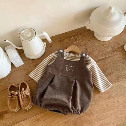MyKids-USA® Baby Striped Shirt Combo Corduroy Fabric Cartoon Bear Embroidered Vest Bodysuit Sets