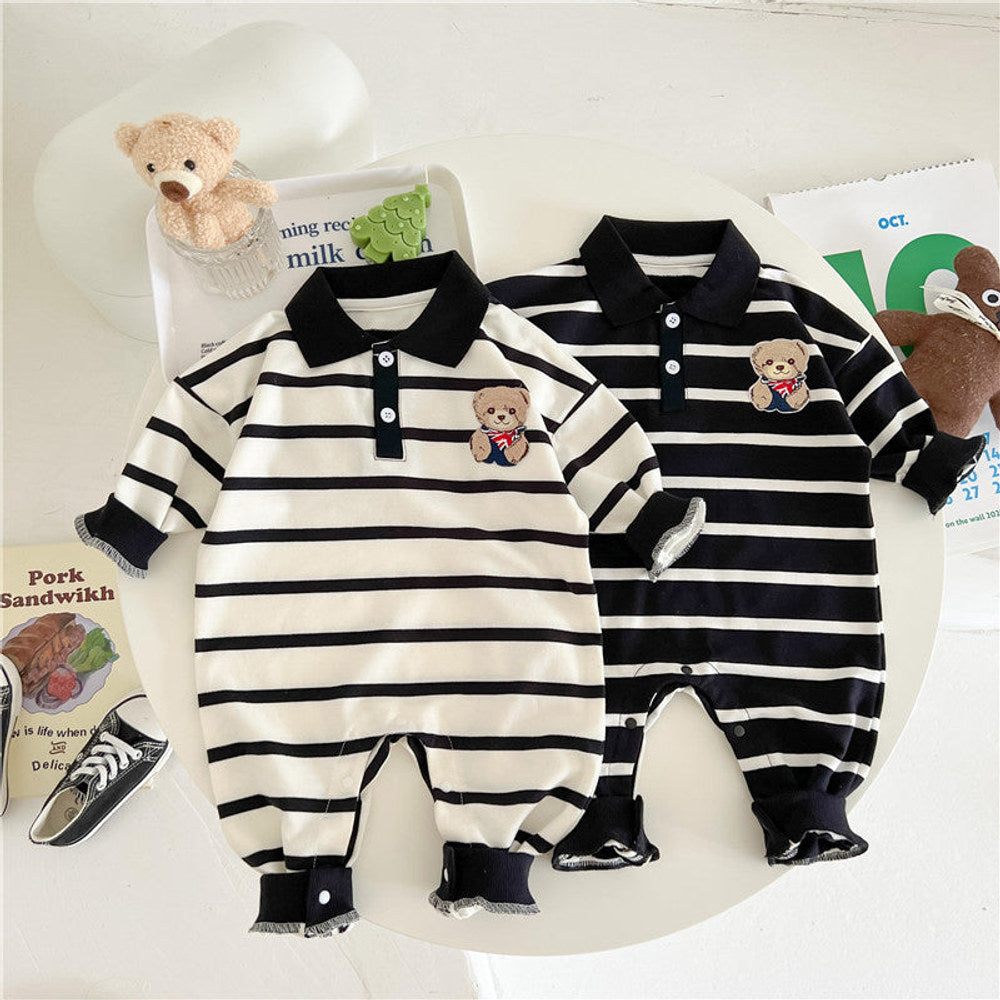 MyKids-USA® Baby Cartoon Bear Print & Striped Pattern Polo Neck Long Sleeve Romper