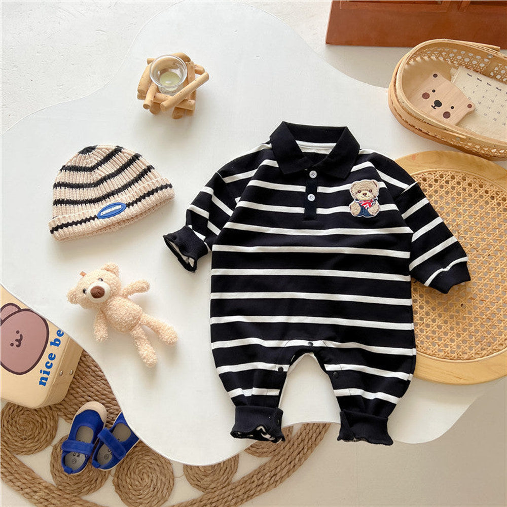 MyKids-USA® Baby Cartoon Bear Print & Striped Pattern Polo Neck Long Sleeve Romper