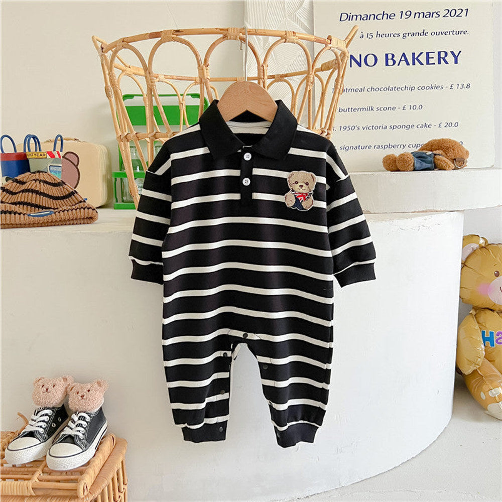 MyKids-USA® Baby Cartoon Bear Print & Striped Pattern Polo Neck Long Sleeve Romper