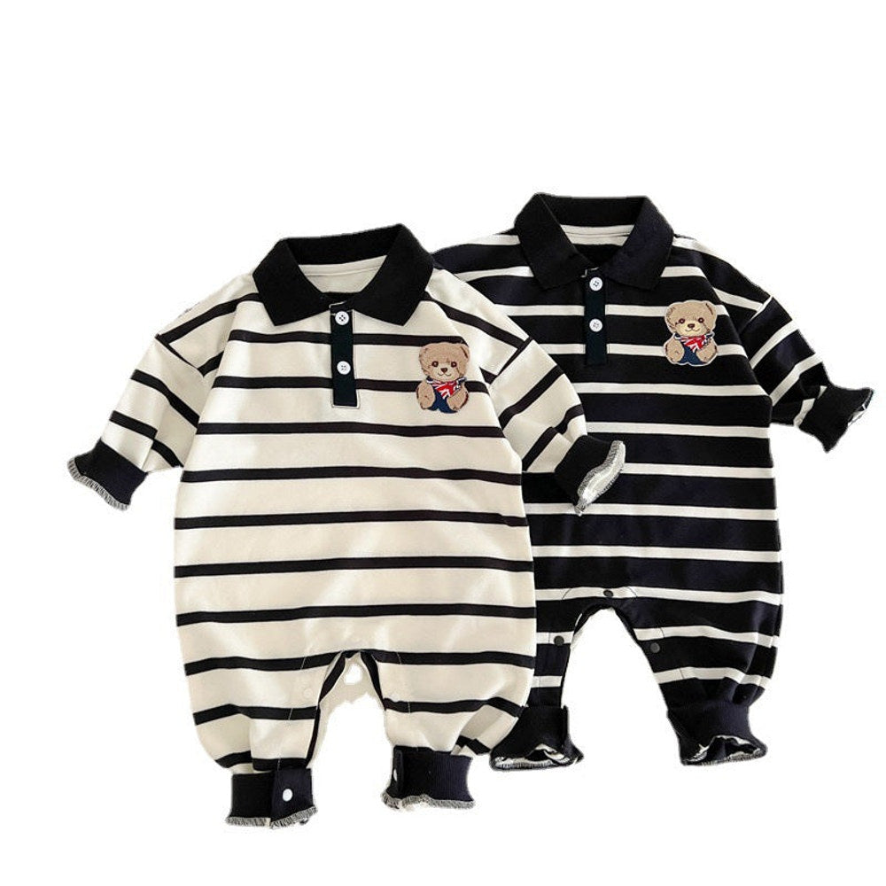 MyKids-USA® Baby Cartoon Bear Print & Striped Pattern Polo Neck Long Sleeve Romper