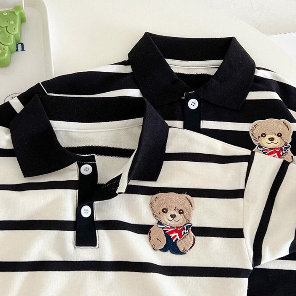 MyKids-USA® Baby Cartoon Bear Print & Striped Pattern Polo Neck Long Sleeve Romper