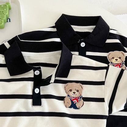 MyKids-USA® Baby Cartoon Bear Print & Striped Pattern Polo Neck Long Sleeve Romper