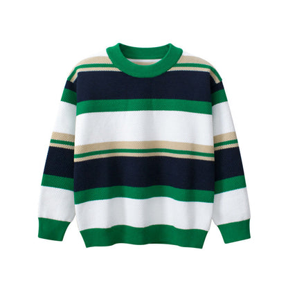 MyKids-USA® Children Green Striped Graphic Korean Style Pullover Knitwear Sweater