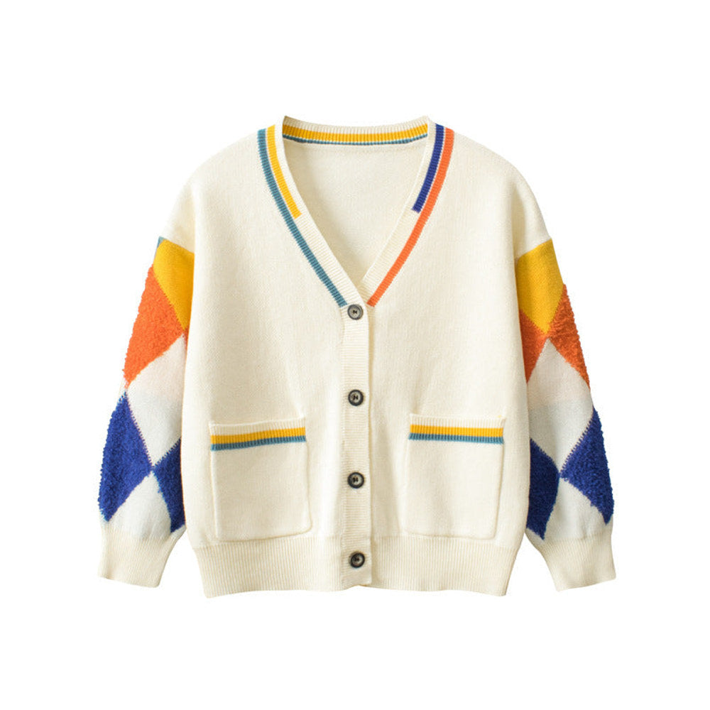 MyKids-USA® Baby Girl Colorful Geometric Pattern V-Neck Knit Cardigan