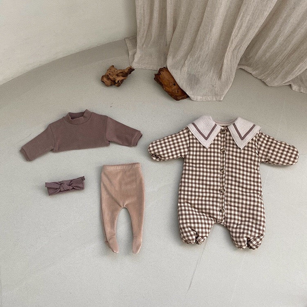MyKids-USA® Baby Plaid Pattern Lapel Design Quilted Warm Rompers