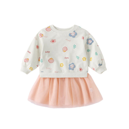 MyKids-USA® Baby Girl Cartoon Print Pattern Mesh Patchwork Design Hoodie Dress