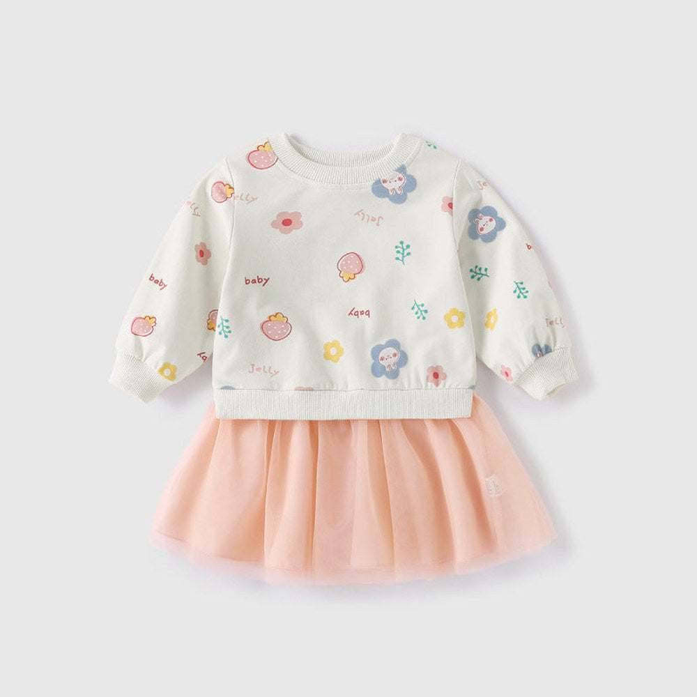 MyKids-USA® Baby Girl Cartoon Print Pattern Mesh Patchwork Design Hoodie Dress
