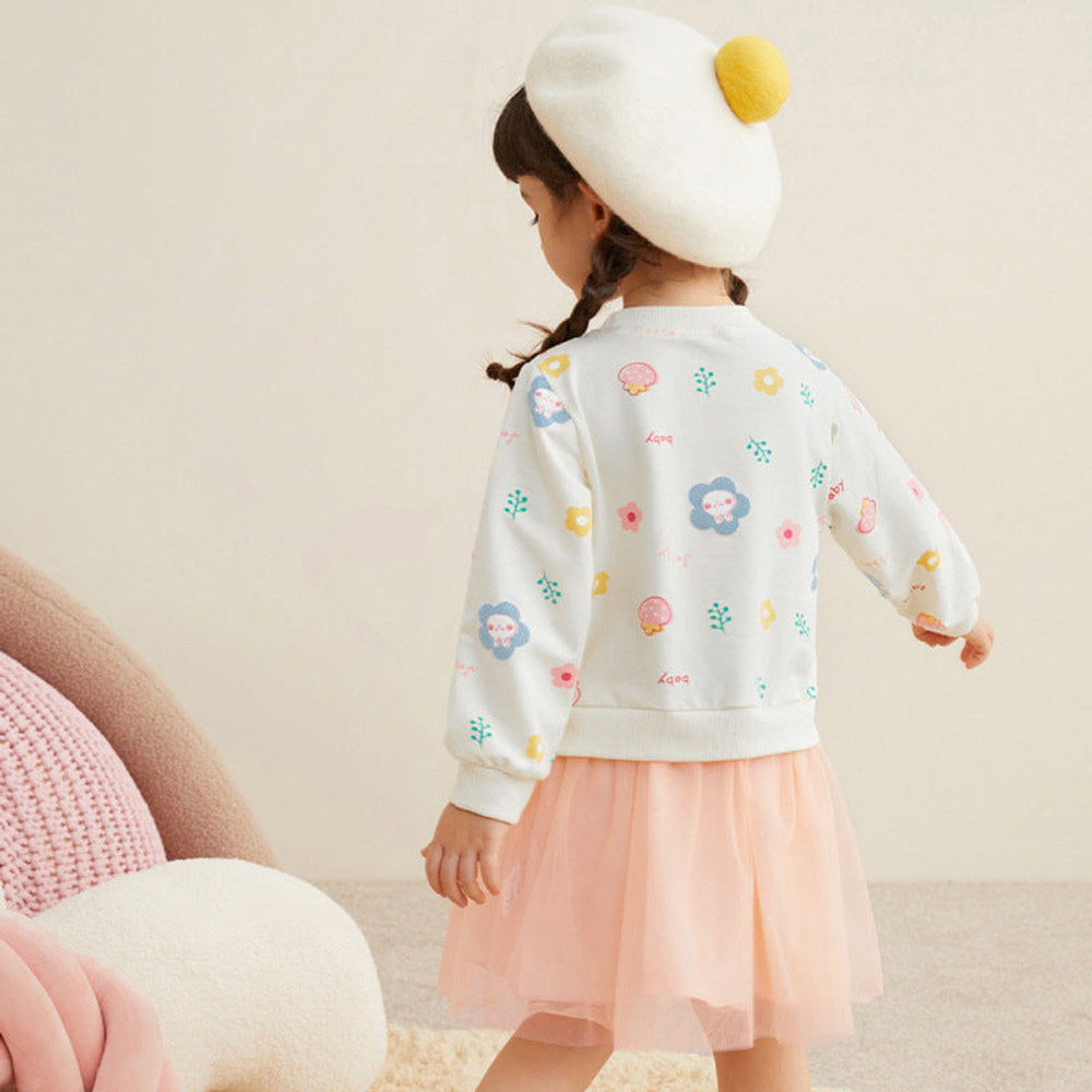 MyKids-USA® Baby Girl Cartoon Print Pattern Mesh Patchwork Design Hoodie Dress