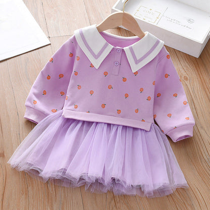 MyKids-USA® Baby Girl Fruit Pattern College Style Lapel Design Mesh Patchwork Dress