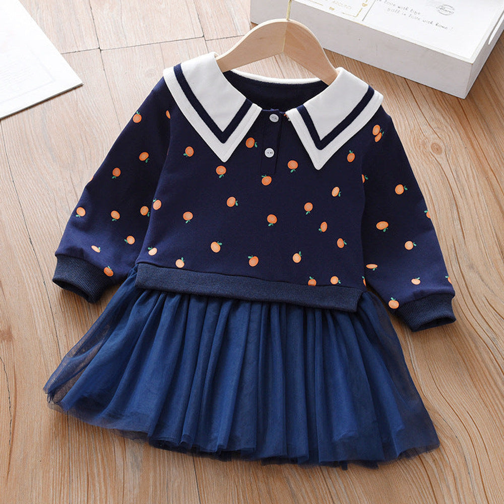 MyKids-USA® Baby Girl Fruit Pattern College Style Lapel Design Mesh Patchwork Dress