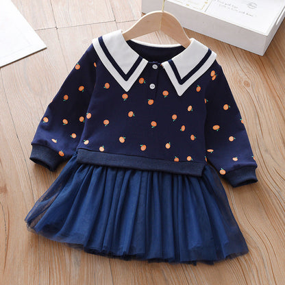 MyKids-USA® Baby Girl Fruit Pattern College Style Lapel Design Mesh Patchwork Dress