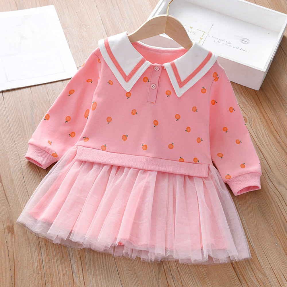 MyKids-USA® Baby Girl Fruit Pattern College Style Lapel Design Mesh Patchwork Dress