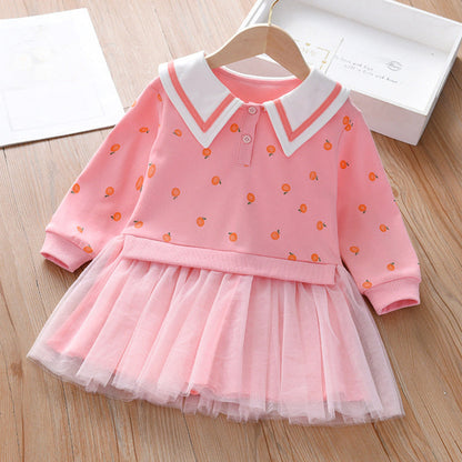 MyKids-USA® Baby Girl Fruit Pattern College Style Lapel Design Mesh Patchwork Dress