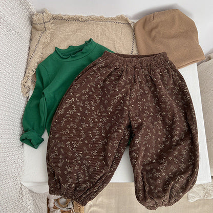 MyKids-USA® Baby Girl Ditsy Flower Pattern Corduroy Fabric Loose Thickened Pants In