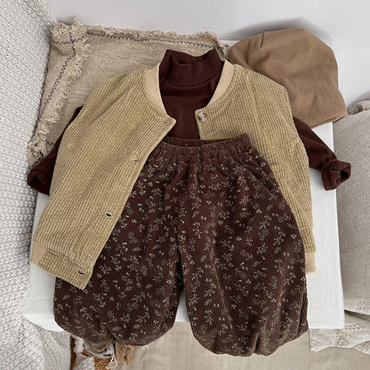 MyKids-USA® Baby Girl Ditsy Flower Pattern Corduroy Fabric Loose Thickened Pants In